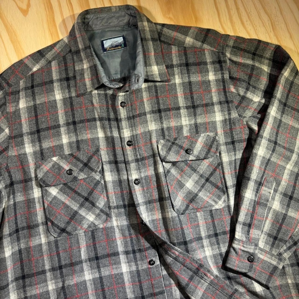 Fieldmaster Mens XL Gray Red Plaid Flannel Button Down Work Shirt 1377